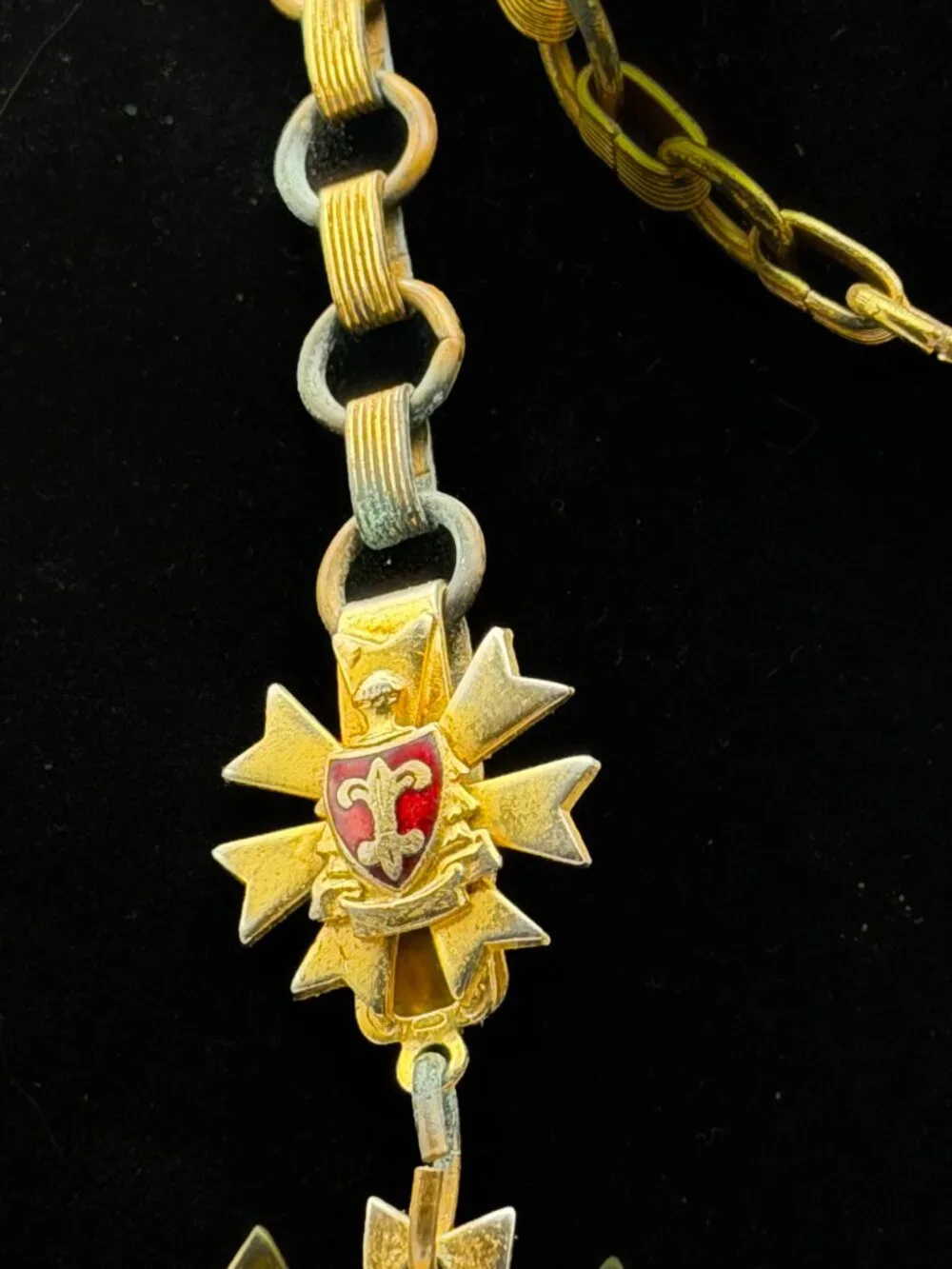 Antique Heraldic Sunburst Medallion Necklace Enamel Fleur-de-Lis Brass Maltese